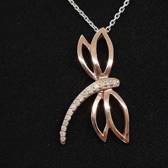Natural .10ctw H-SI Diamond 14K Rose Gold 925 Sterling Silver Dragon Fly Pendant